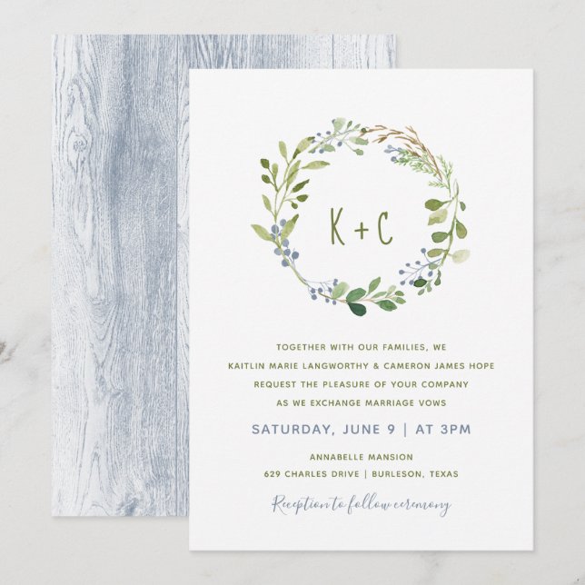 Greenery Wreath Wedding Invitations - Dusty Blue (Front/Back)