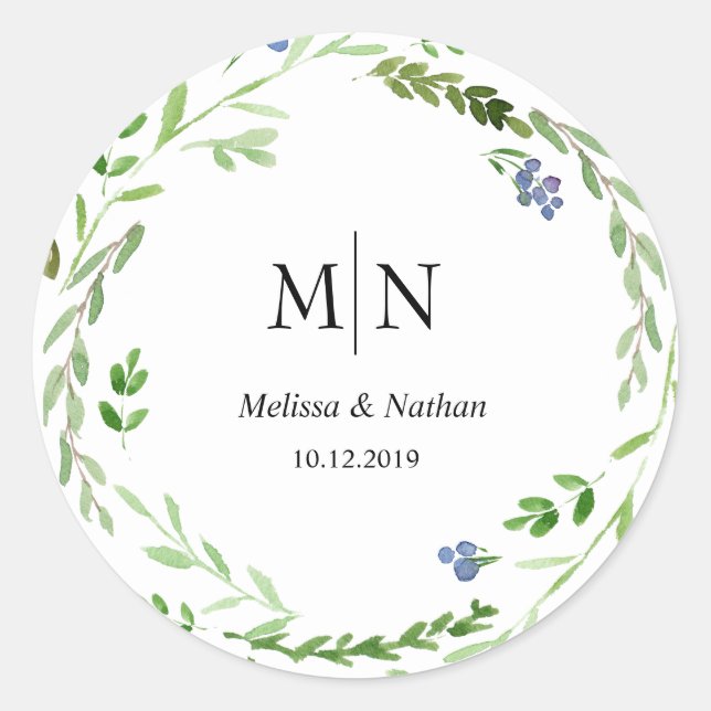 Greenery Wreath Wedding Monogram Sticker (Front)