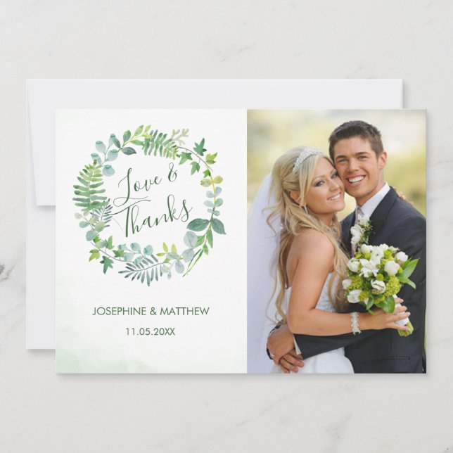 Greenery Wreath Wedding Photo Thank You Card (Front)