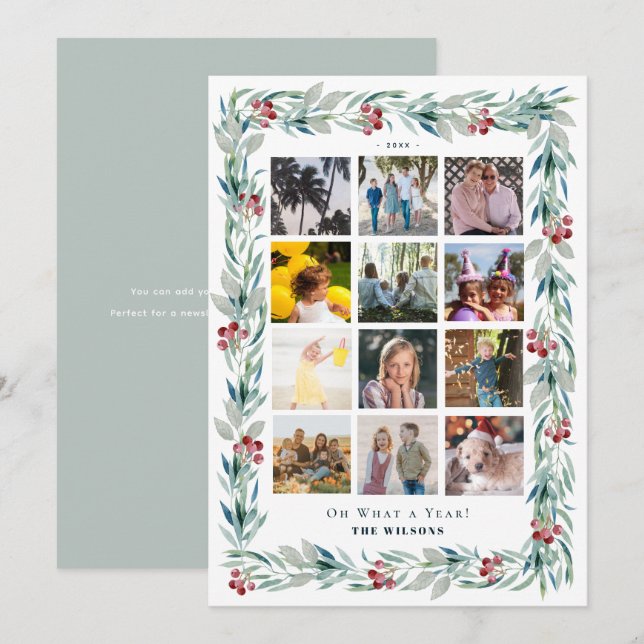 Greenery Wreath What A Year in Review 12 Photo Holiday Card (Front/Back)