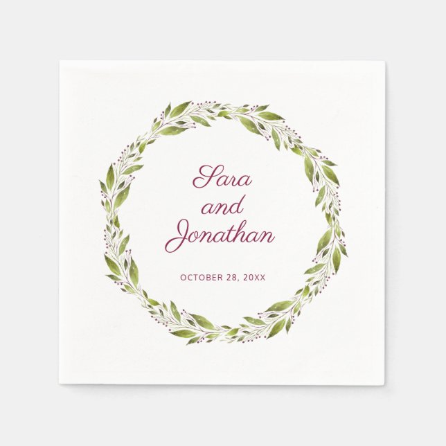 Greenery Wreath with Burgundy Wedding Napkin (Front)