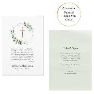 Greenery Wreath with Gold Cross Catholic Funeral Thank You Card