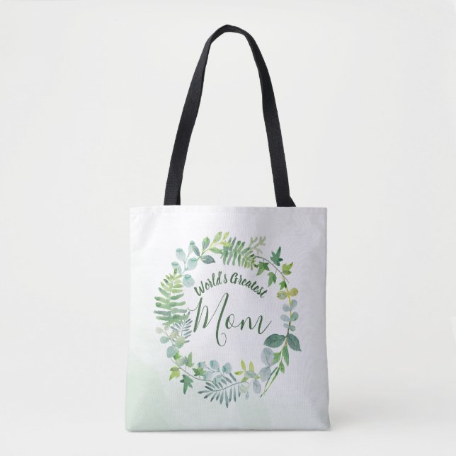 Greenery Wreath World's Greatest Mum Tote Bag (Front)