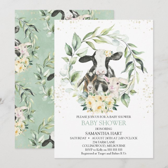Greenery Wreath Yellow Floral Farm Baby Shower Invitation (Front/Back)