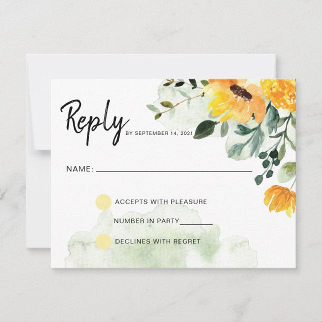 Greenery Yellow Fall Floral Field Flowers Reply RSVP Card (Front)