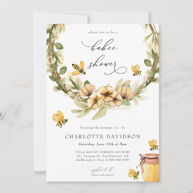 Greenery Yellow Floral Bee Spring Baby Shower Invitation (Front)