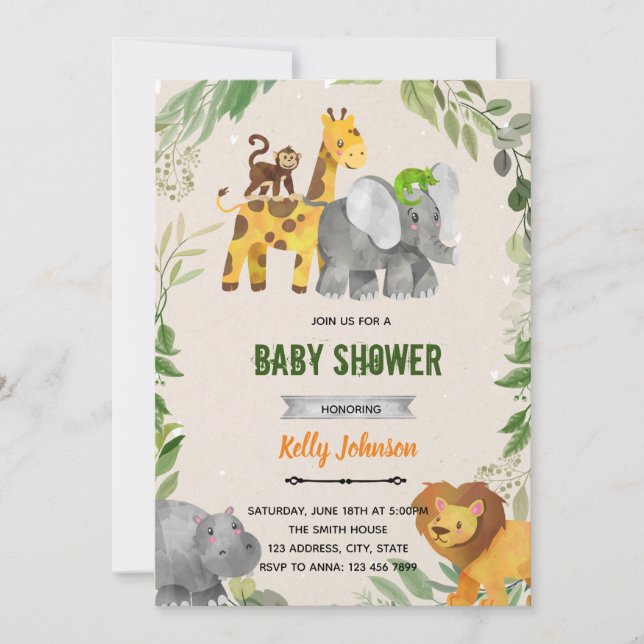 Greenery zoo animals suite theme invitation (Front)