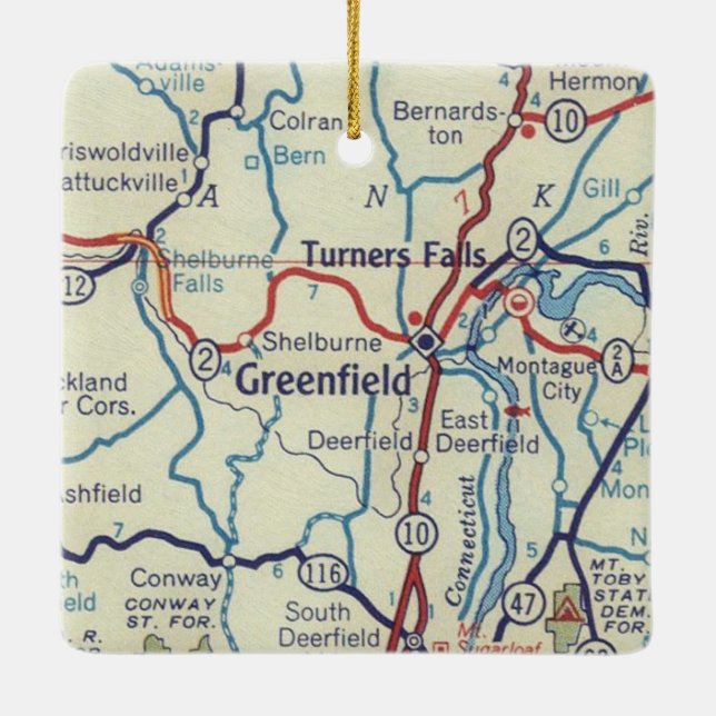 Greenfield MA Vintage Map Ceramic Ornament (Back)