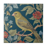 Greenfinch William Morris style L Green Finch Bird Tile<br><div class="desc">"country classic art nouveau",  "greenfinch finch Bird",  "sage green woodland animals",  "british william morris ceramic tile",  "leafy dark navy blue",  "stylish red forest tree leaves",  "left facing vintage english birds",  "wildlife garden animal on branch",  "nature floral flower botanical",  "leaf flowers traditional antique"</div>