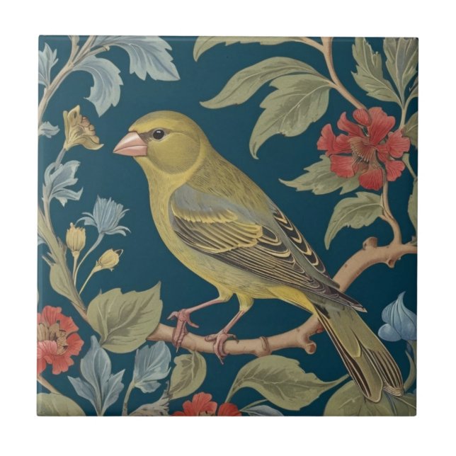 Greenfinch William Morris style L Green Finch Bird Tile (Front)