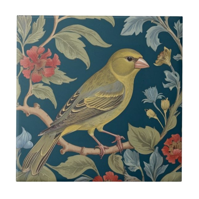 Greenfinch William Morris style R Green Finch Bird Tile (Front)