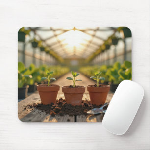 Greenhouse Plant Seedling in a Clay Pots Mouse Mat