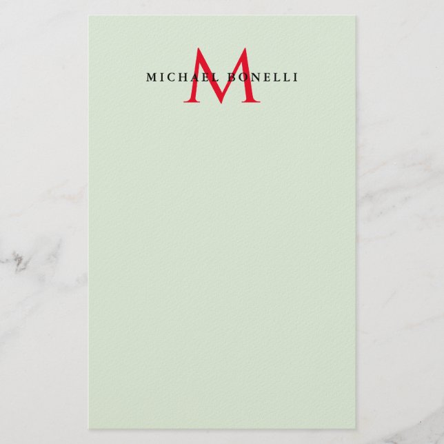 Greenish Grey & Red Monogram Modern Minimalist Stationery (Front)