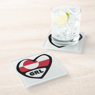 Greenland Country Code Flag Heart Pin Badge, GRL Glass Coaster