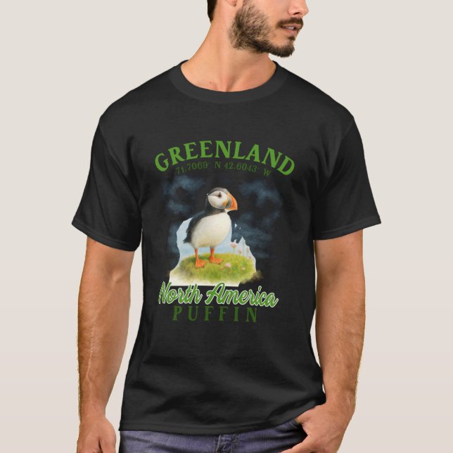 Greenland Travel Souvenir Puffin Arctic Bird Green T-Shirt (Front)