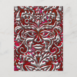 GreenMan in liquid silver damask  red satin print Postcard