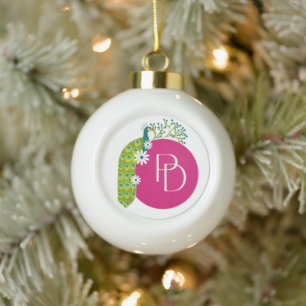 #GreenPeacockSnowflakeFramedOrnament Ceramic Ball Christmas Ornament