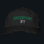 GREENPOINT NY Green on Black Vintage Style Embroidered Hat<br><div class="desc">GREENPOINT NY Green embroidery on Black distressed vintage style cotton hat. Embroidery is customisable to other colour choices by selecting the "Edit Design" tool button. Also available is the option to select choice of hat colour on the main item page.</div>