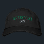 GREENPOINT NY Green on Black Vintage Style Embroidered Hat<br><div class="desc">GREENPOINT NY Green embroidery on Black distressed vintage style cotton hat. Embroidery is customisable to other colour choices by selecting the "Edit Design" tool button. Also available is the option to select choice of hat colour on the main item page.</div>