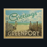 Greenport Beach Vintage Travel Postcard<br><div class="desc">This Greetings From Greenport vintage postcard design features a sandy beach with a beautiful turquoise ocean water and above the sea,  a blue sky with billowy white clouds. In vintage travels style.</div>