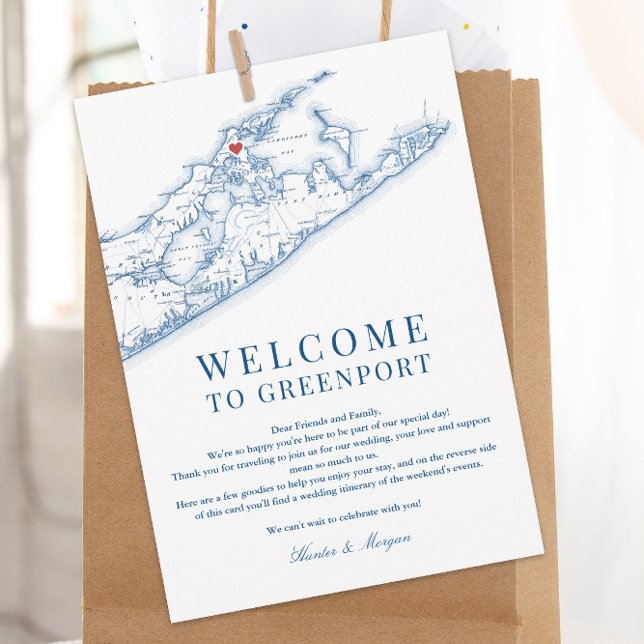 Greenport NY Map Wedding Welcome Letter Navy Blue Thank You Card (Greenport NY Long Island Map Wedding Welcome Letter and Weekend Events Itinerary in Navy Blue)