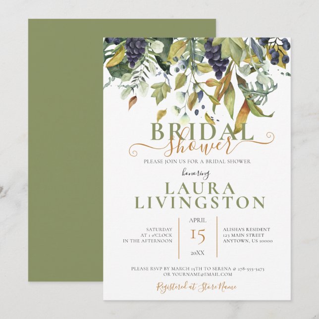 Greens & Grapes, Wedding Bridal Shower Invitation (Front/Back)