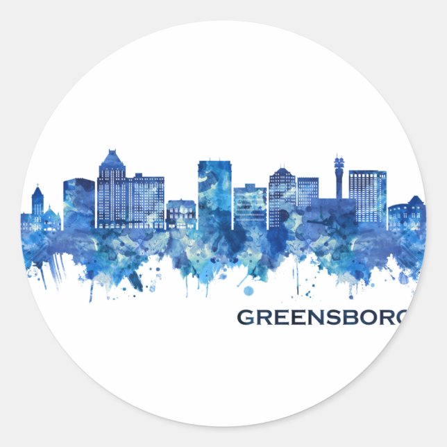 Greensboro North Carolina Skyline Blue Classic Round Sticker (Front)