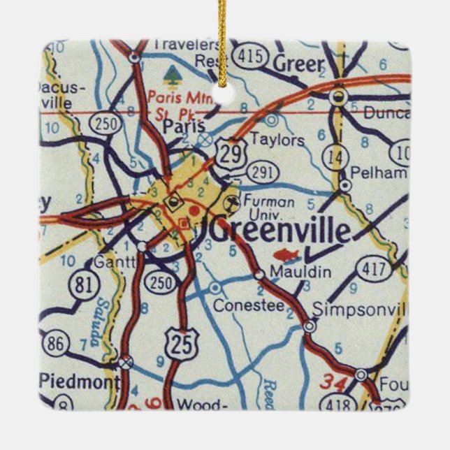 Greenville SC Vintage Map Ceramic Ornament (Back)