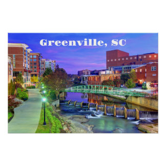 Greenville, South Carolina Reedy River at Night Poster