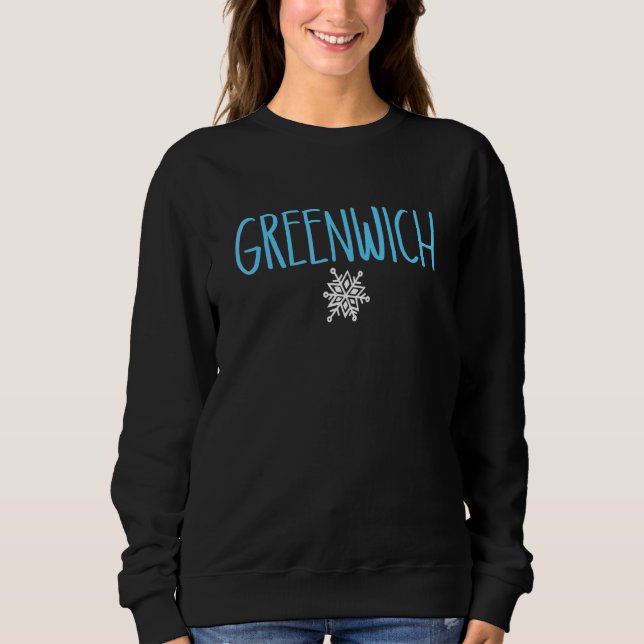 Greenwich Connecticut Snowflake Light Blue Text Sweatshirt (Front)