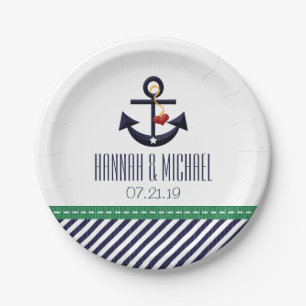 Greeny and Navy Blue Nautical Anchor Wedding Paper Plate