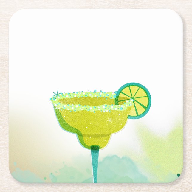 Greeny Watercolor Margarita Lime Bridal Shower Square Paper Coaster (Front)