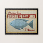 Greers Ferry Lake Fish Vintage Travel Jigsaw Puzzle<br><div class="desc">This Greetings From Greers Ferry Lake vintage travel design features a fun blue fish with red accents and a 1960s retro vibe.</div>