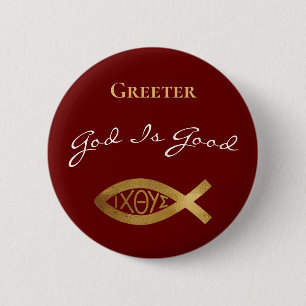 Greeter Christian Church God Is Good Modern Red 6 Cm Round Badge