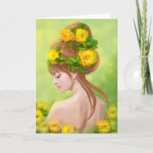 Greeting Card beautiful woman in yellow flowers
