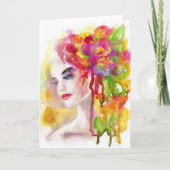 Greeting Card, Drawing water colour. Woman spring Card (Front)