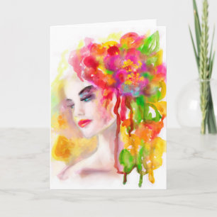 Greeting Card, Drawing water colour. Woman spring Card