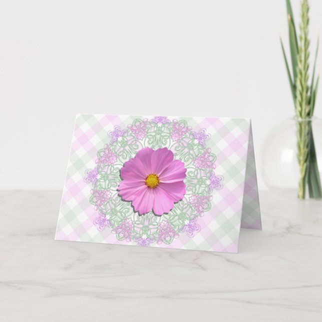 Greeting Card - Easter - Med. Pink Cosmos on Lace (Front)