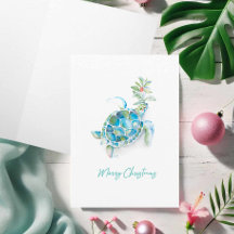 Greeting Card For Christmas Watercolor Sea Turtle