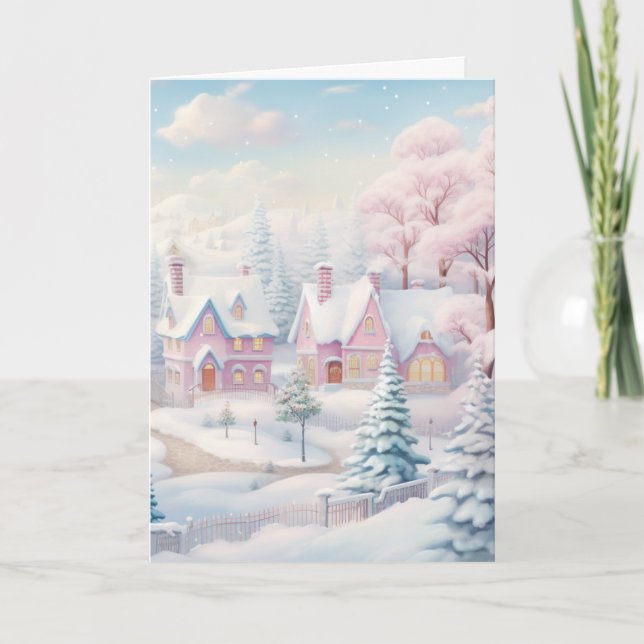Greeting Card Pink and Snowy Village Holiday Card  (Front)