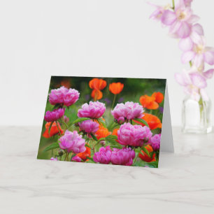 Greeting Card - Pink Peonies & Orange Poppie