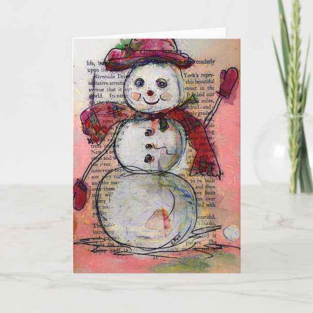 Greeting Card, Snowman with Red hat and scarf, Art Holiday Card (Front)