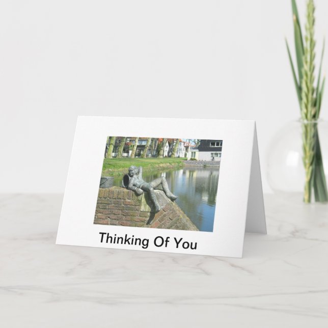 Greeting Card Statue Of Boy Relaxing by Pond (Front)
