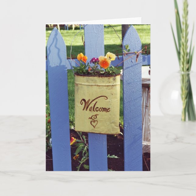 Greeting Card: "Welcome" Plant Holder on Fence_ Card (Front)