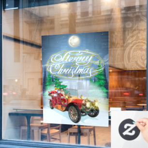 Greeting Christmas card with vintage car and Santa Window Cling