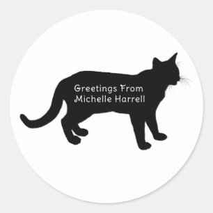 Greeting From Personalised Black Silhouette Cat Classic Round Sticker