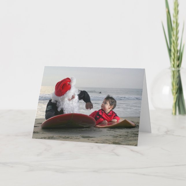 Greeting Inside Santa's gives surfing lessons Holiday Card (Front)