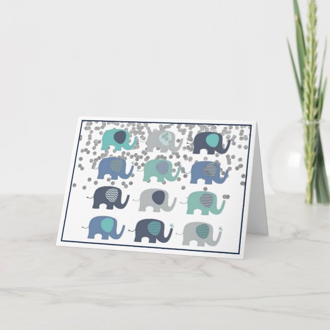 Greetings Card - Blue, Green & Gray Elephants (Front)