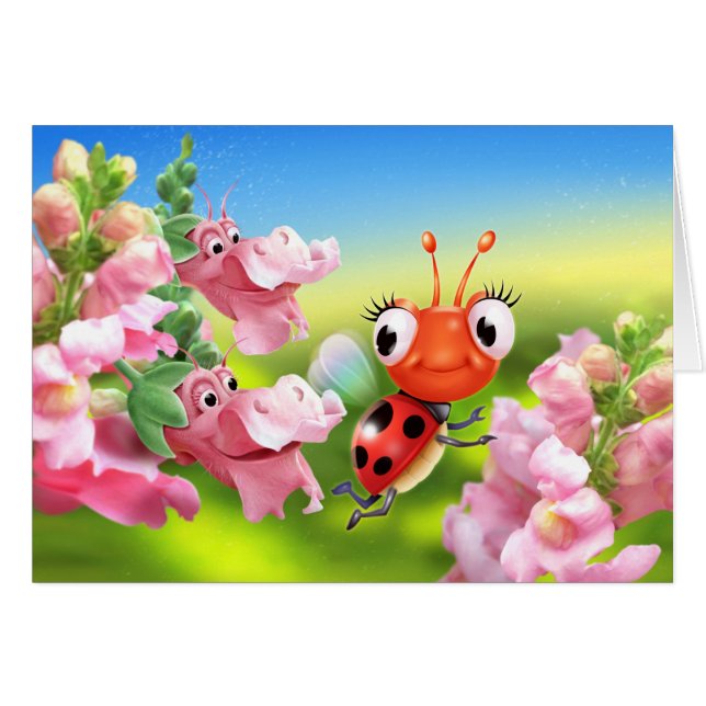 Greetings card Ladybug & friendly flowers (Front Horizontal)