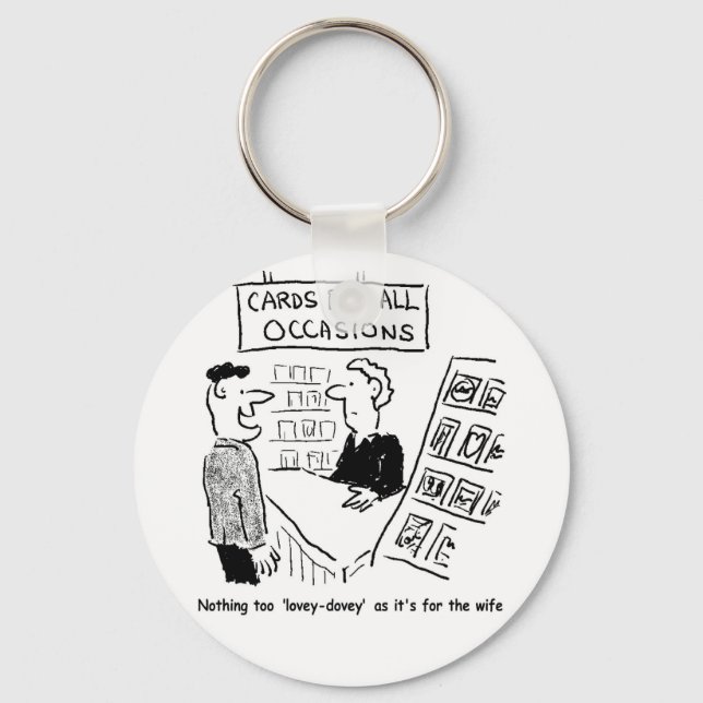 Greetings Card Shop Cartoon. Funny Key Ring (Front)